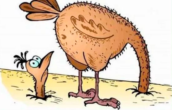 Рисунок: страус, голова в песке, высунулась сзади